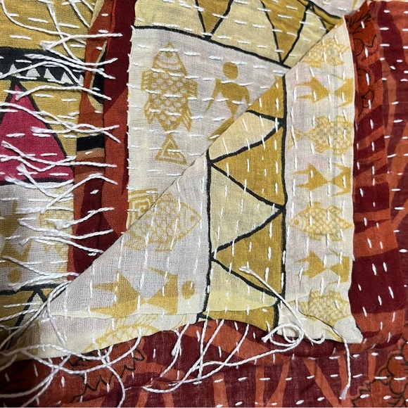 KANTHA SCARF REVERSIBLE TWO SIDED SARI HEAD WRAP DECOR LINEN SARONG - Picture 7 of 7